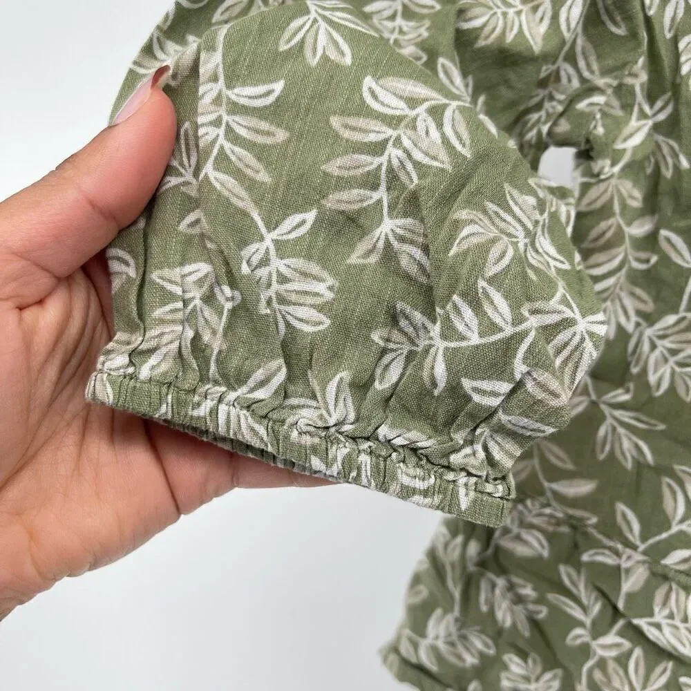 Old Navy Girl’s Olive Floral Tie-Neck Tiered-Hem Cotton Boho Blouse Size 6/7